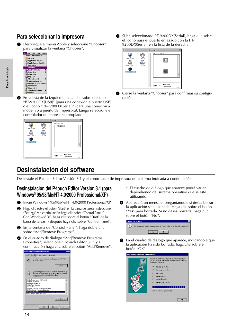 Desinstalación del software, Para seleccionar la impresora | Brother P-TOUCH PRO DX PT-9200DX User Manual | Page 58 / 80