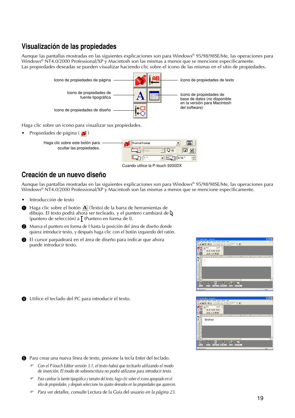 Visualización de las propiedades, Creación de un nuevo diseño | Brother P-TOUCH PRO DX PT-9200DX User Manual | Page 63 / 80