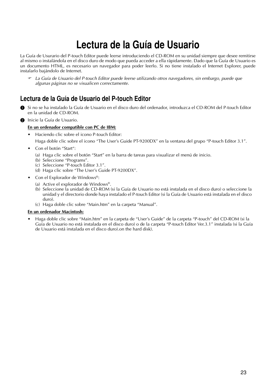 Lectura de la guía de usuario, Lectura de la guía de usuario del p-touch editor | Brother P-TOUCH PRO DX PT-9200DX User Manual | Page 67 / 80