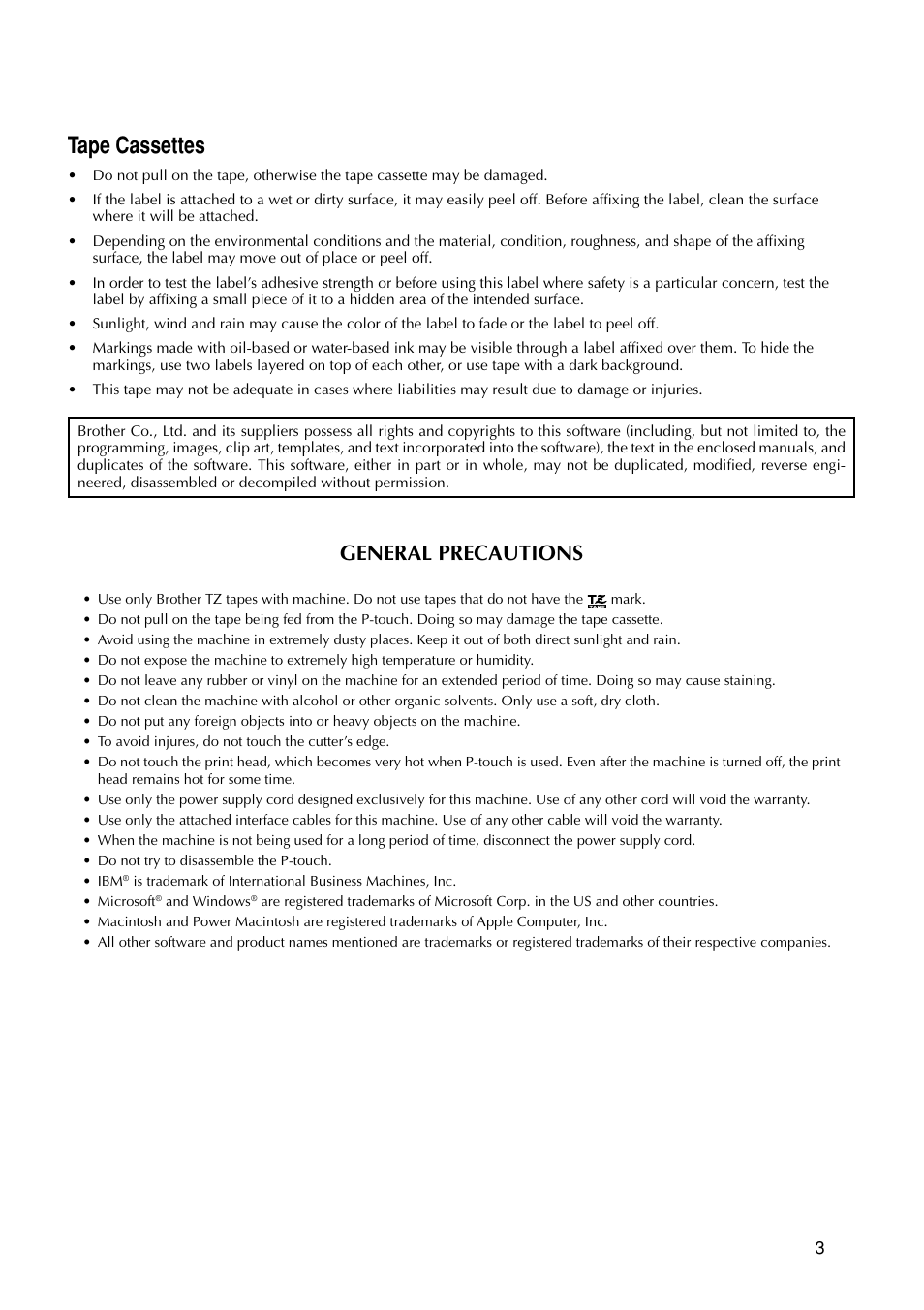 Tape cassettes, General precautions | Brother P-TOUCH PRO DX PT-9200DX User Manual | Page 7 / 80