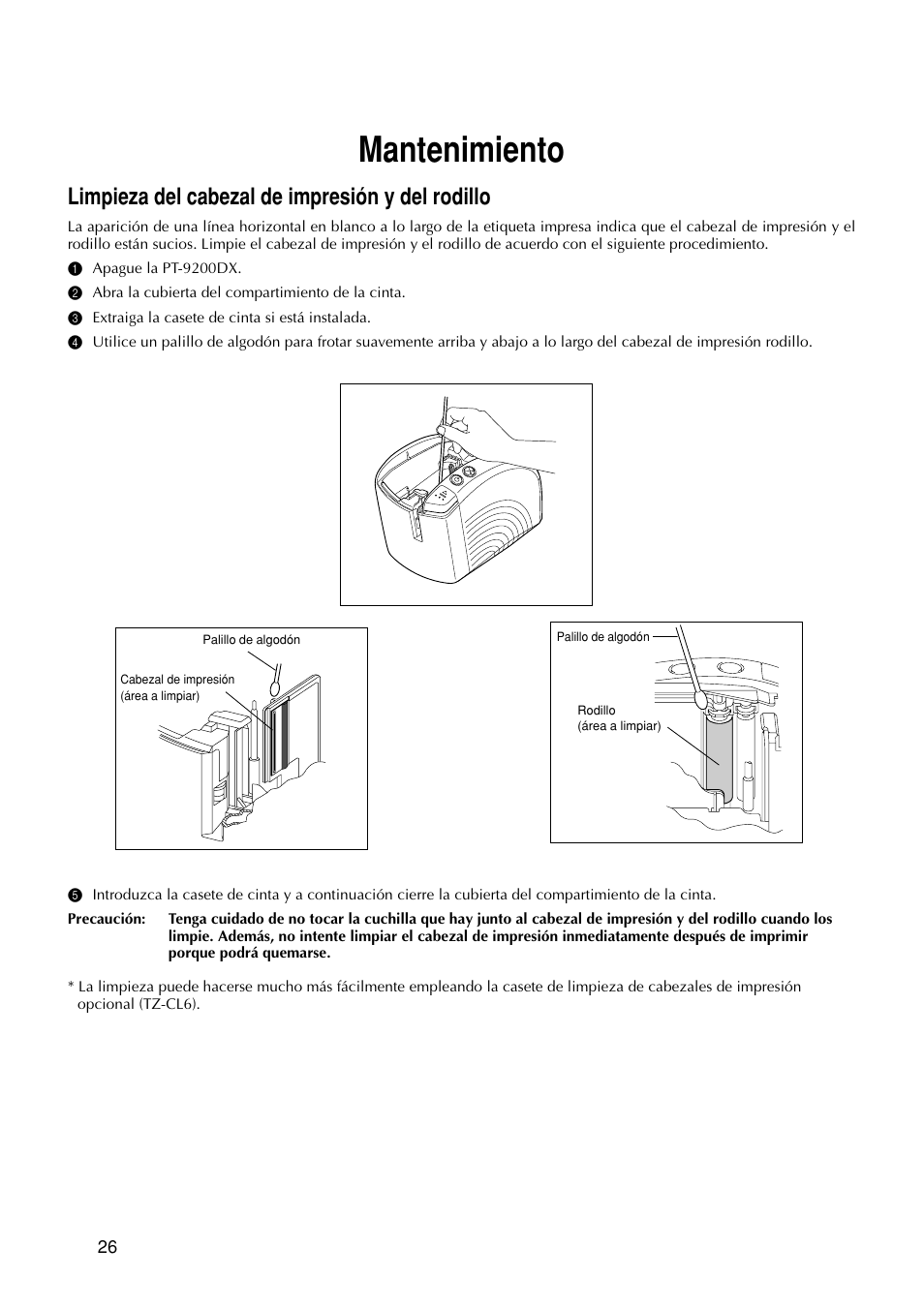 Mantenimiento, Limpieza del cabezal de impresión y del rodillo | Brother P-TOUCH PRO DX PT-9200DX User Manual | Page 70 / 80