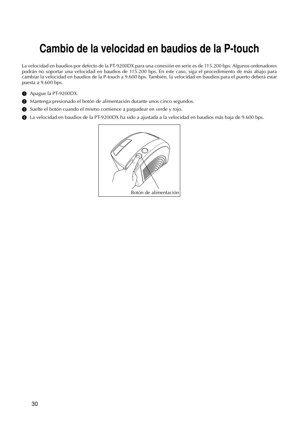 Cambio de la velocidad en baudios de la p-touch | Brother P-TOUCH PRO DX PT-9200DX User Manual | Page 74 / 80