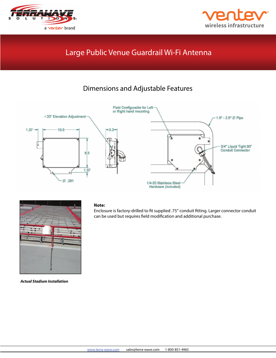 Large public venue guardrail wi-fi antenna, Dimensions and adjustable features | TerraWave V10082-HRE-NEB User Manual | Page 3 / 3