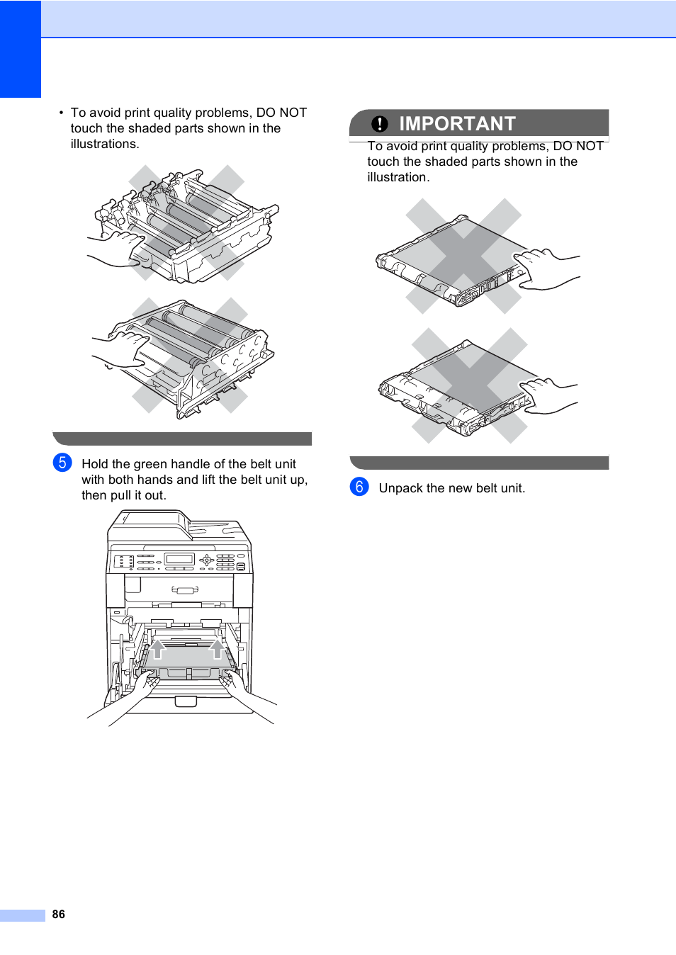 Important, Unpack the new belt unit | Brother MFC 9560CDW User Manual | Page 102 / 199