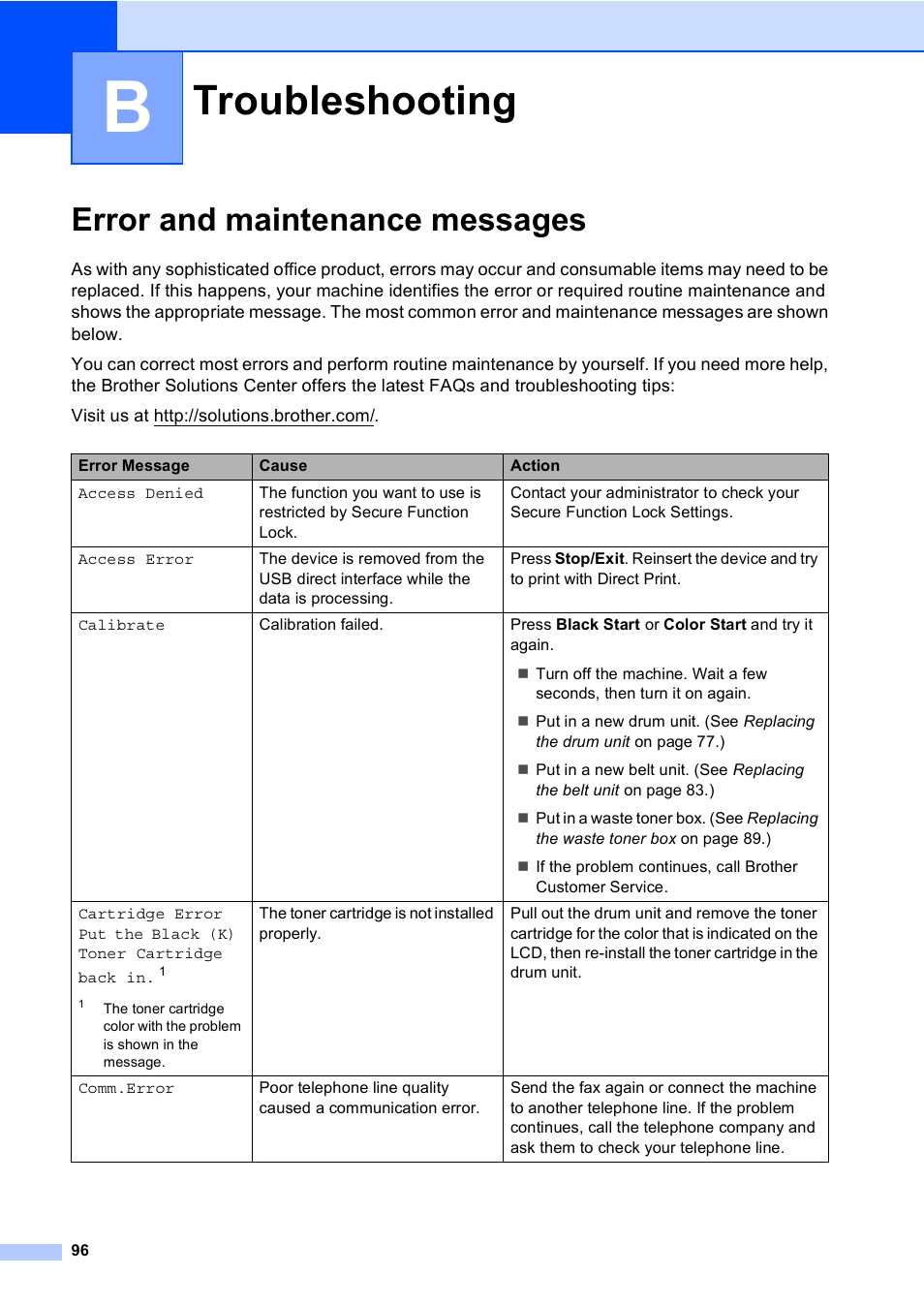 B troubleshooting, Error and maintenance messages, Troubleshooting 96 | Troubleshooting | Brother MFC 9560CDW User Manual | Page 112 / 199