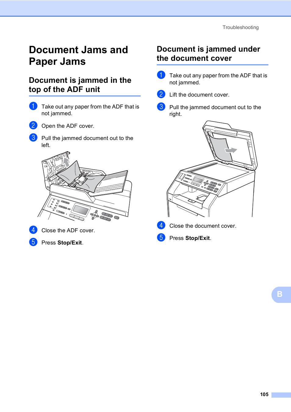 Document jams and paper jams, Document is jammed in the top of the adf unit, Document is jammed under the document cover | Brother MFC 9560CDW User Manual | Page 121 / 199