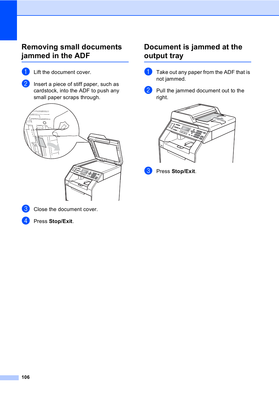 Removing small documents jammed in the adf, Document is jammed at the output tray | Brother MFC 9560CDW User Manual | Page 122 / 199