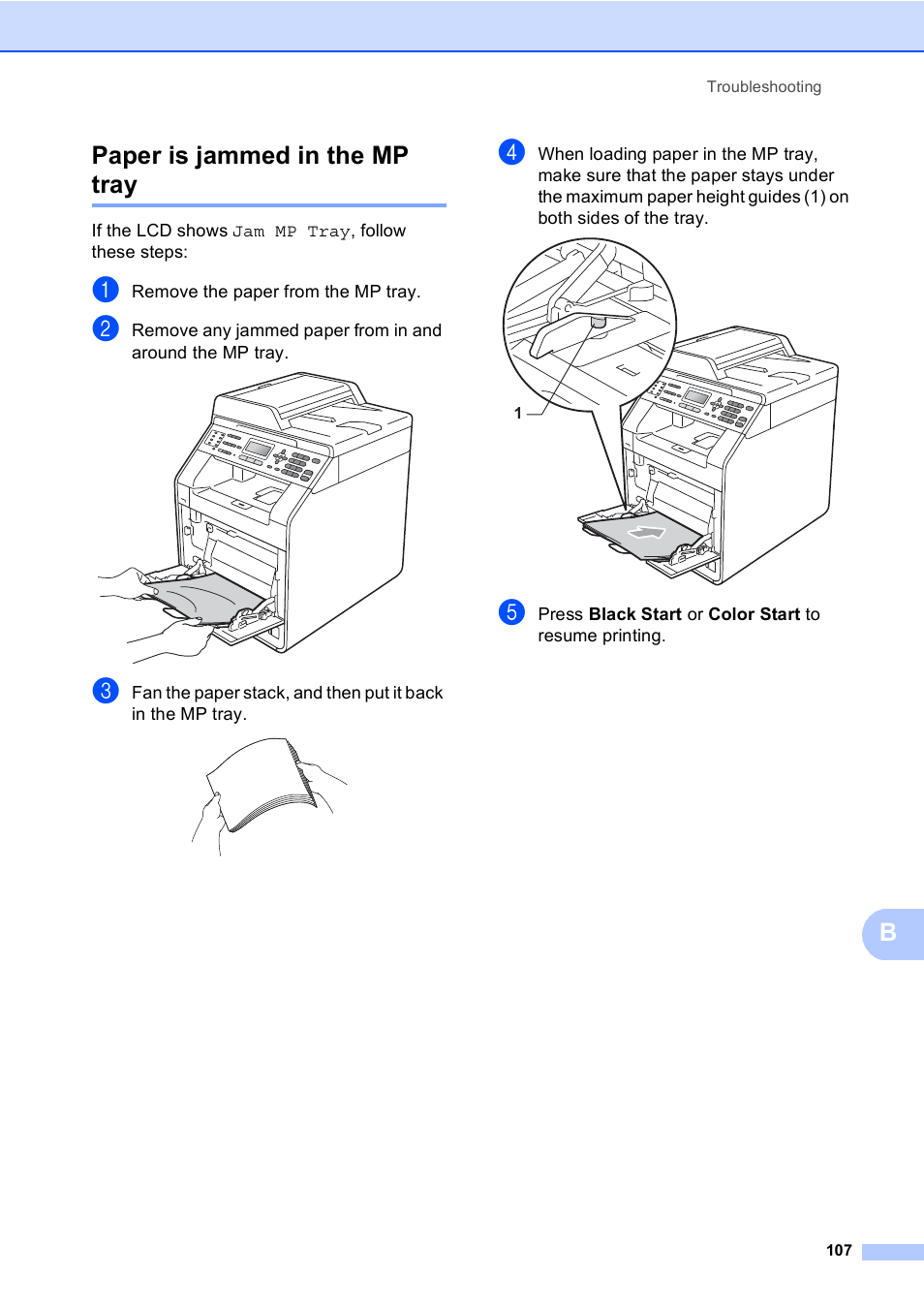 Paper is jammed in the mp tray, Bpaper is jammed in the mp tray | Brother MFC 9560CDW User Manual | Page 123 / 199