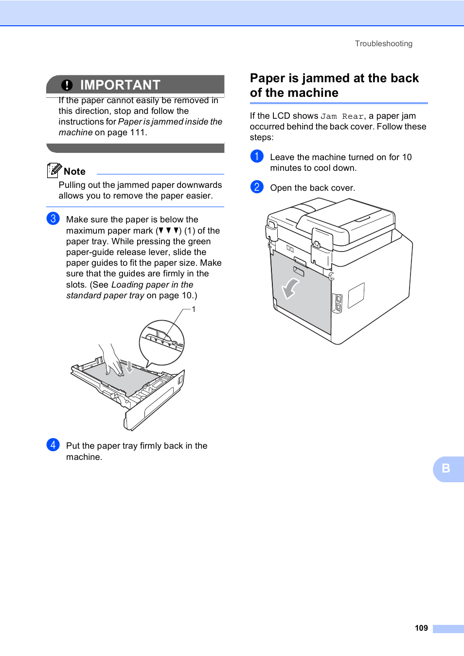 Paper is jammed at the back of the machine, Important | Brother MFC 9560CDW User Manual | Page 125 / 199