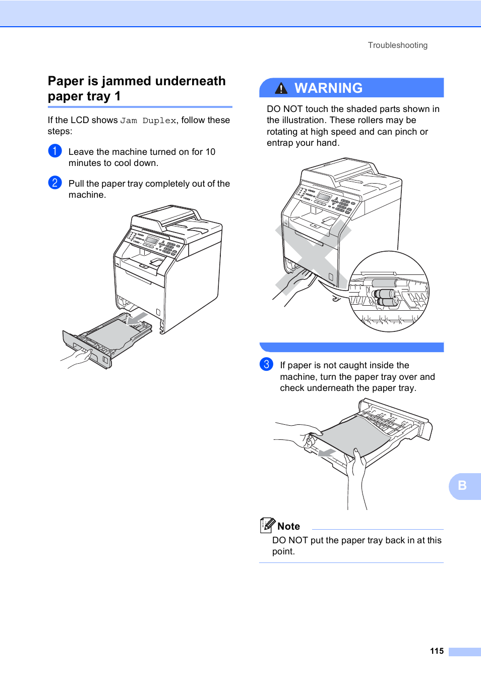 Paper is jammed underneath paper tray 1, Warning, Bpaper is jammed underneath paper tray 1 | Brother MFC 9560CDW User Manual | Page 131 / 199