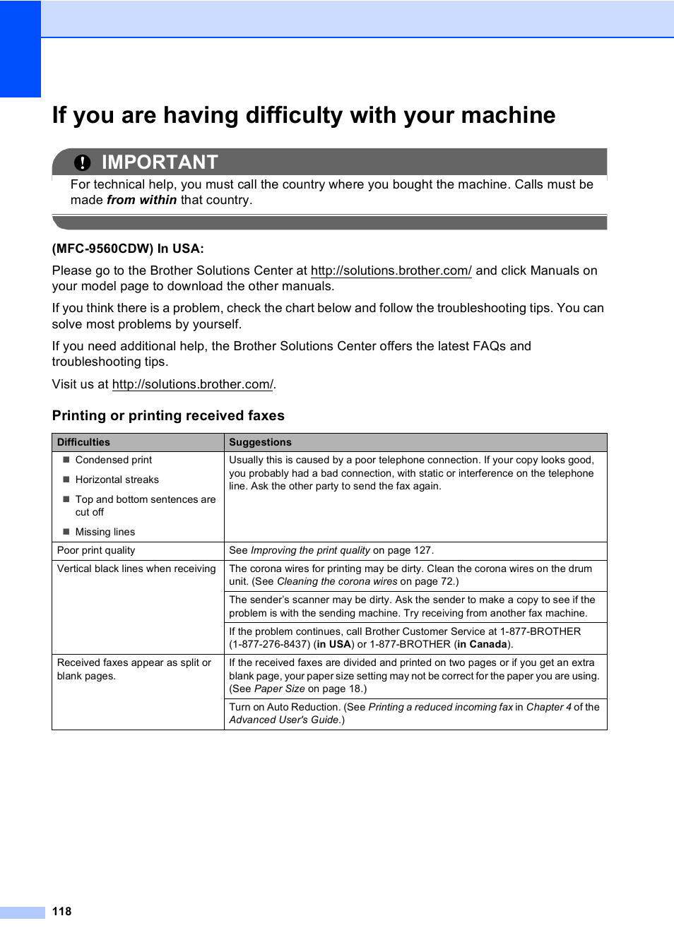 If you are having difficulty with your machine, Important, Printing or printing received faxes | Brother MFC 9560CDW User Manual | Page 134 / 199