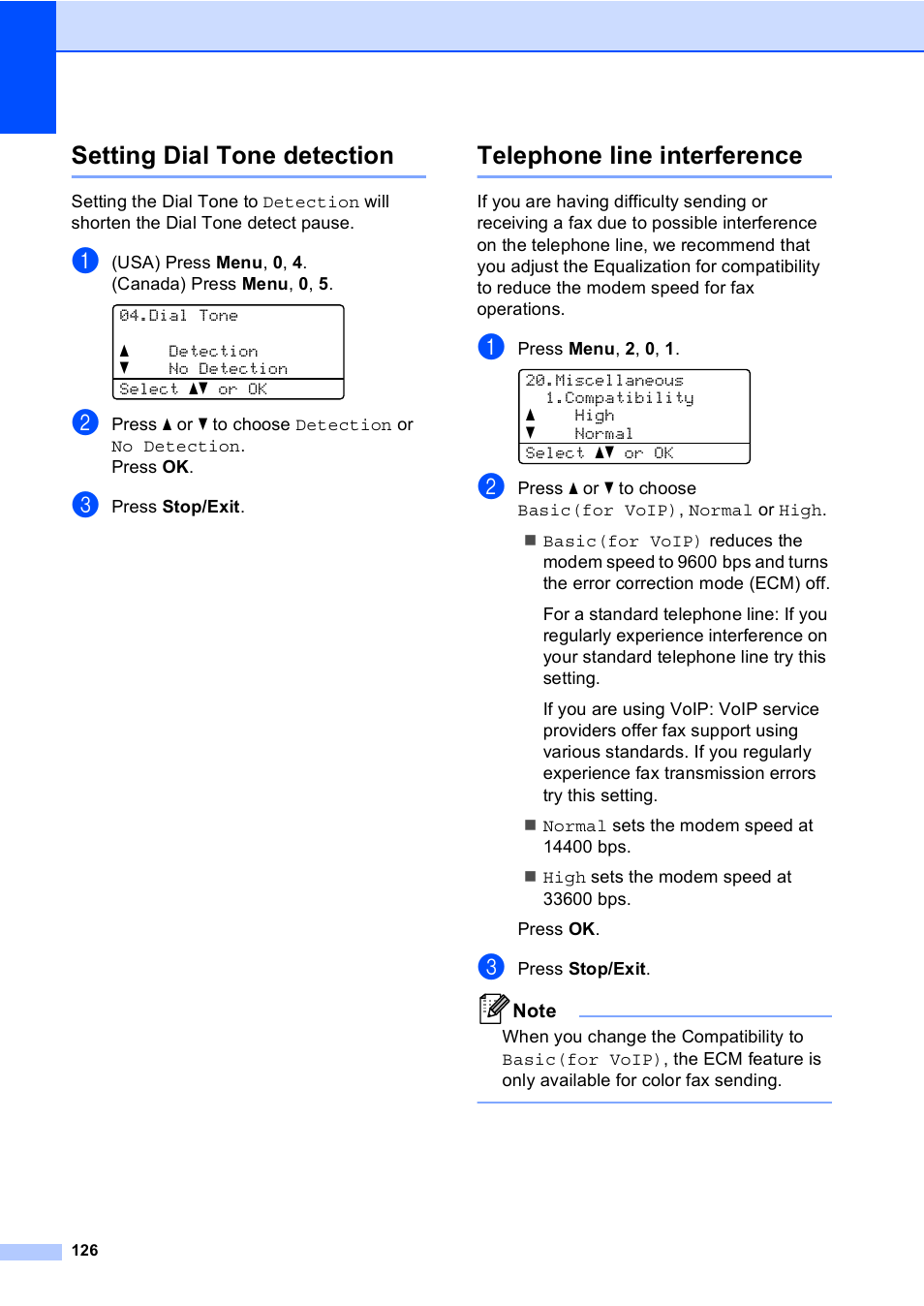Setting dial tone detection, Telephone line interference | Brother MFC 9560CDW User Manual | Page 142 / 199