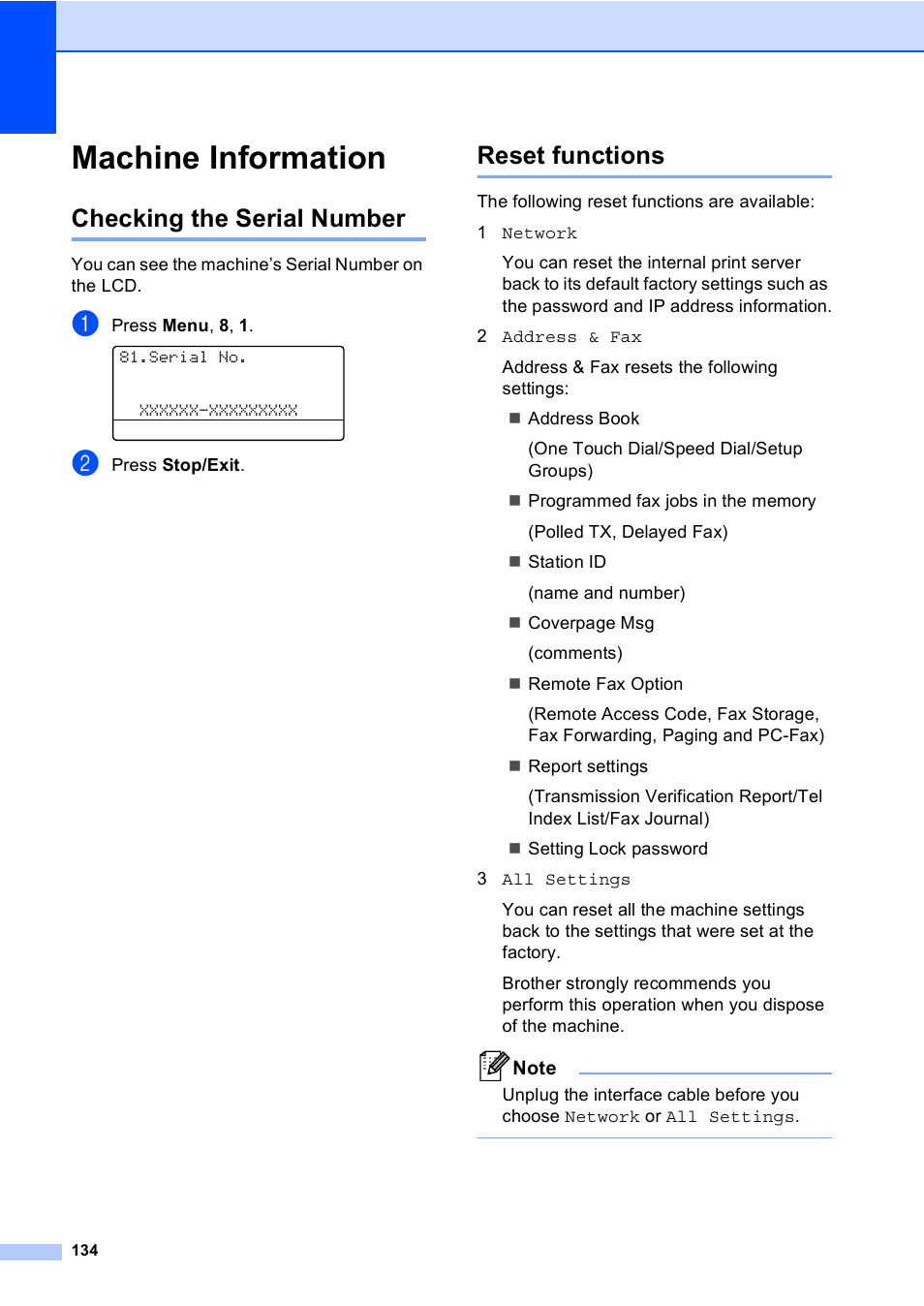 Machine information, Checking the serial number, Reset functions | Checking the serial number reset functions | Brother MFC 9560CDW User Manual | Page 150 / 199