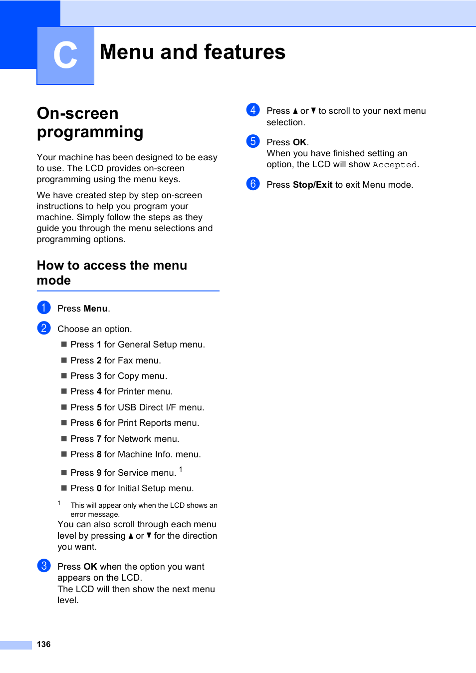 C menu and features, On-screen programming, How to access the menu mode | Menu and features | Brother MFC 9560CDW User Manual | Page 152 / 199