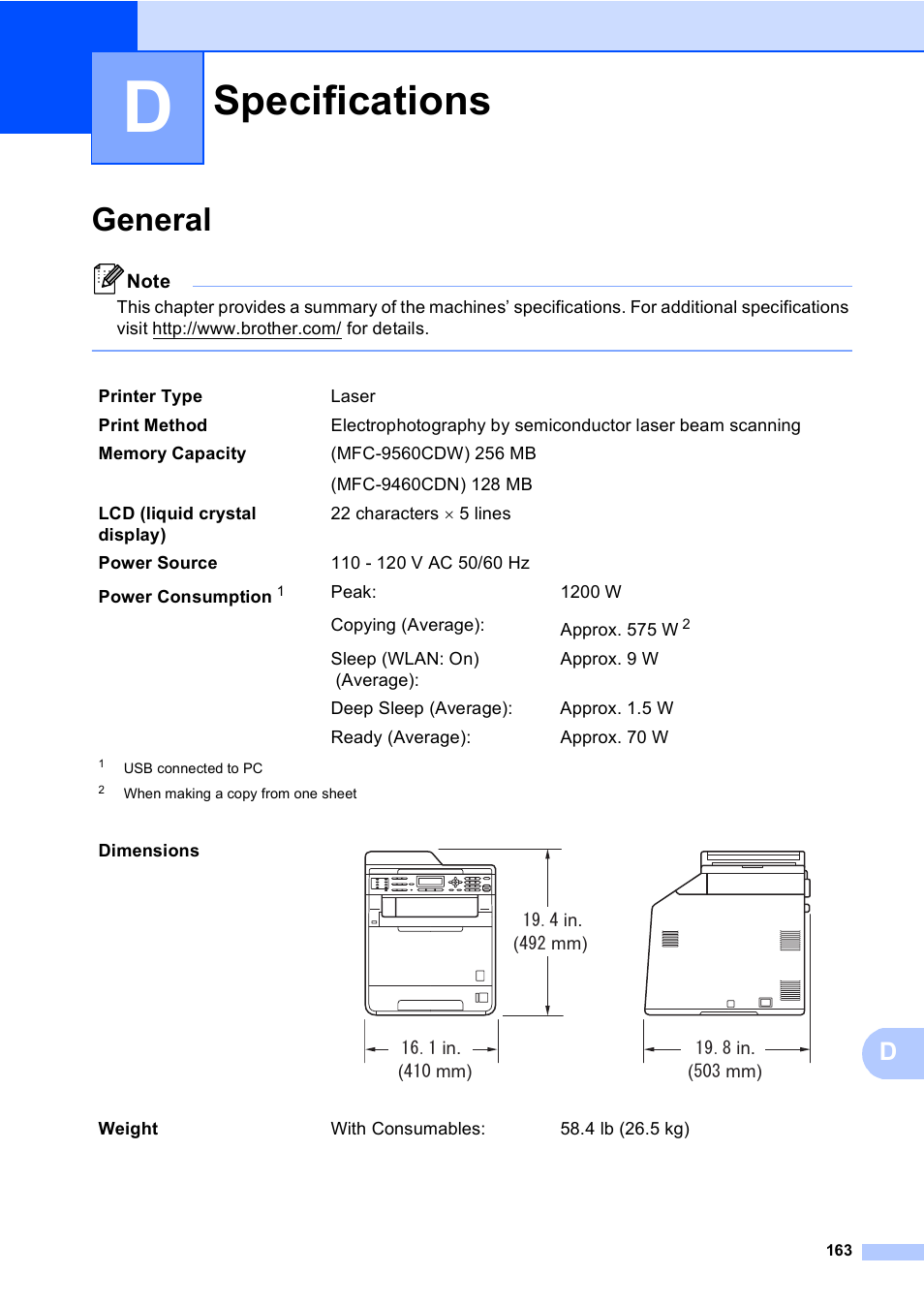 D specifications, General, Specifications | Brother MFC 9560CDW User Manual | Page 179 / 199