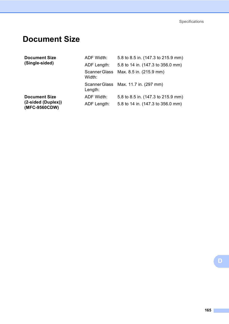 Document size | Brother MFC 9560CDW User Manual | Page 181 / 199