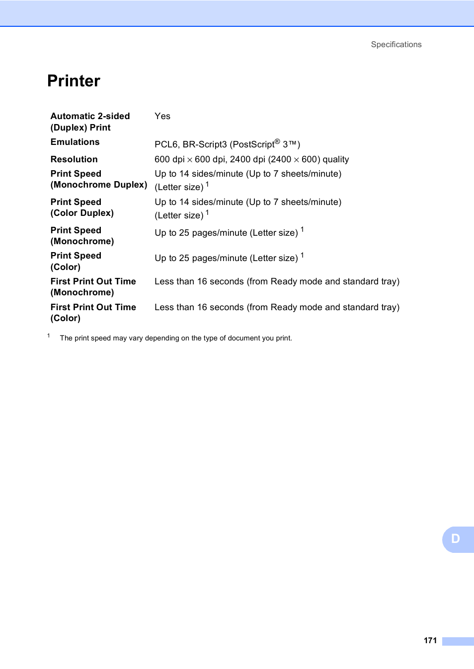 Printer | Brother MFC 9560CDW User Manual | Page 187 / 199