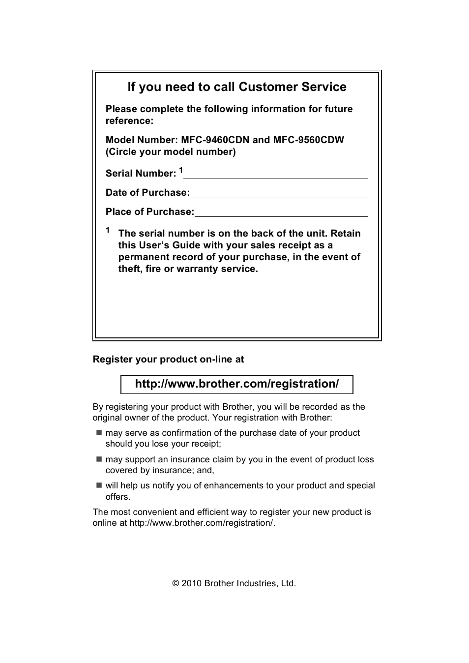 If you need to call customer service | Brother MFC 9560CDW User Manual | Page 2 / 199