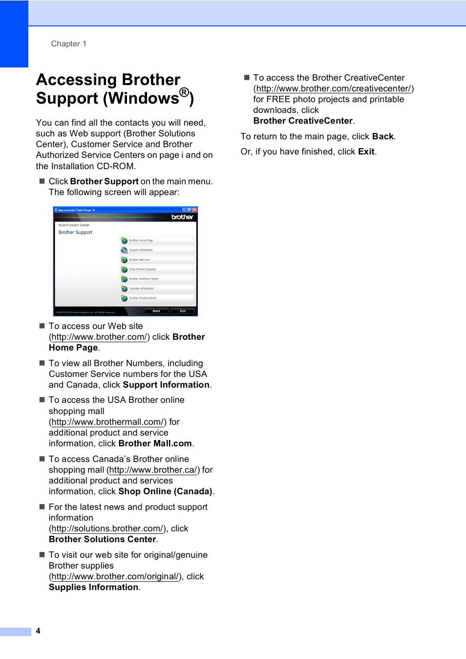 Accessing brother support (windows®), Accessing brother support (windows | Brother MFC 9560CDW User Manual | Page 20 / 199