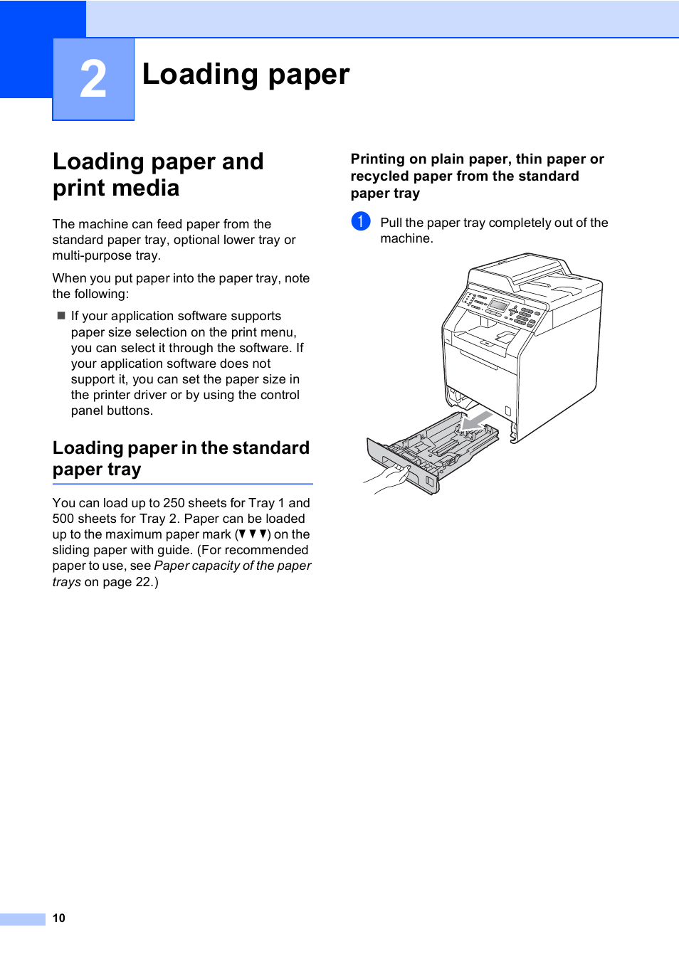 2 loading paper, Loading paper and print media, Loading paper in the standard paper tray | Loading paper | Brother MFC 9560CDW User Manual | Page 26 / 199