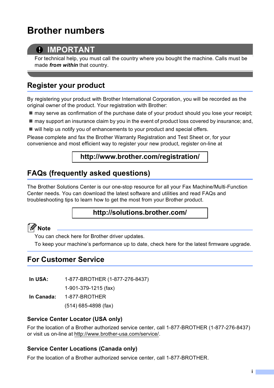 Brother numbers, Register your product, Faqs (frequently asked questions) | For customer service, Important | Brother MFC 9560CDW User Manual | Page 3 / 199
