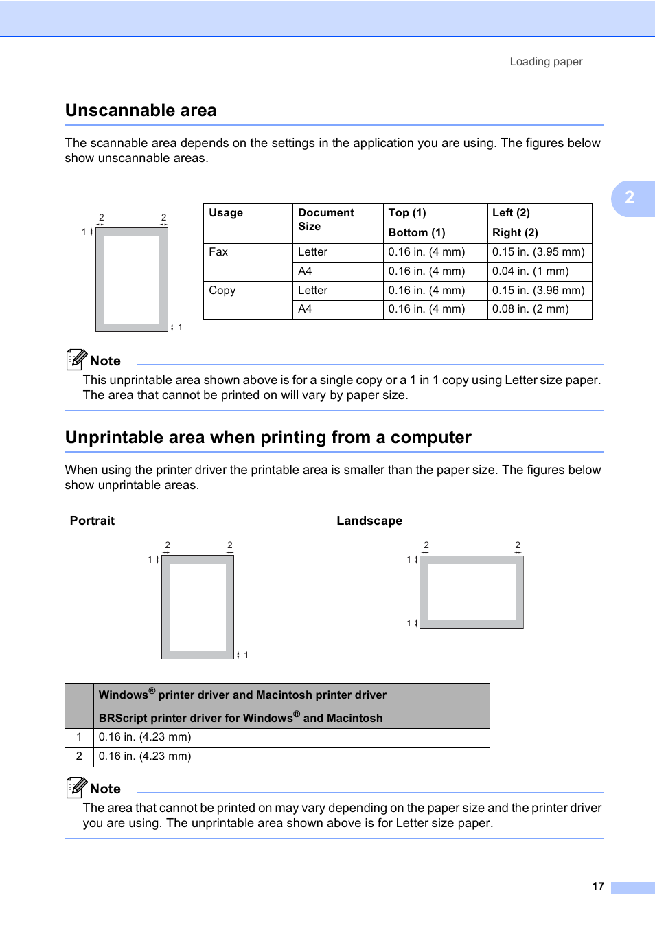 Unscannable area, Unprintable area when printing from a computer, 2unscannable area | Brother MFC 9560CDW User Manual | Page 33 / 199