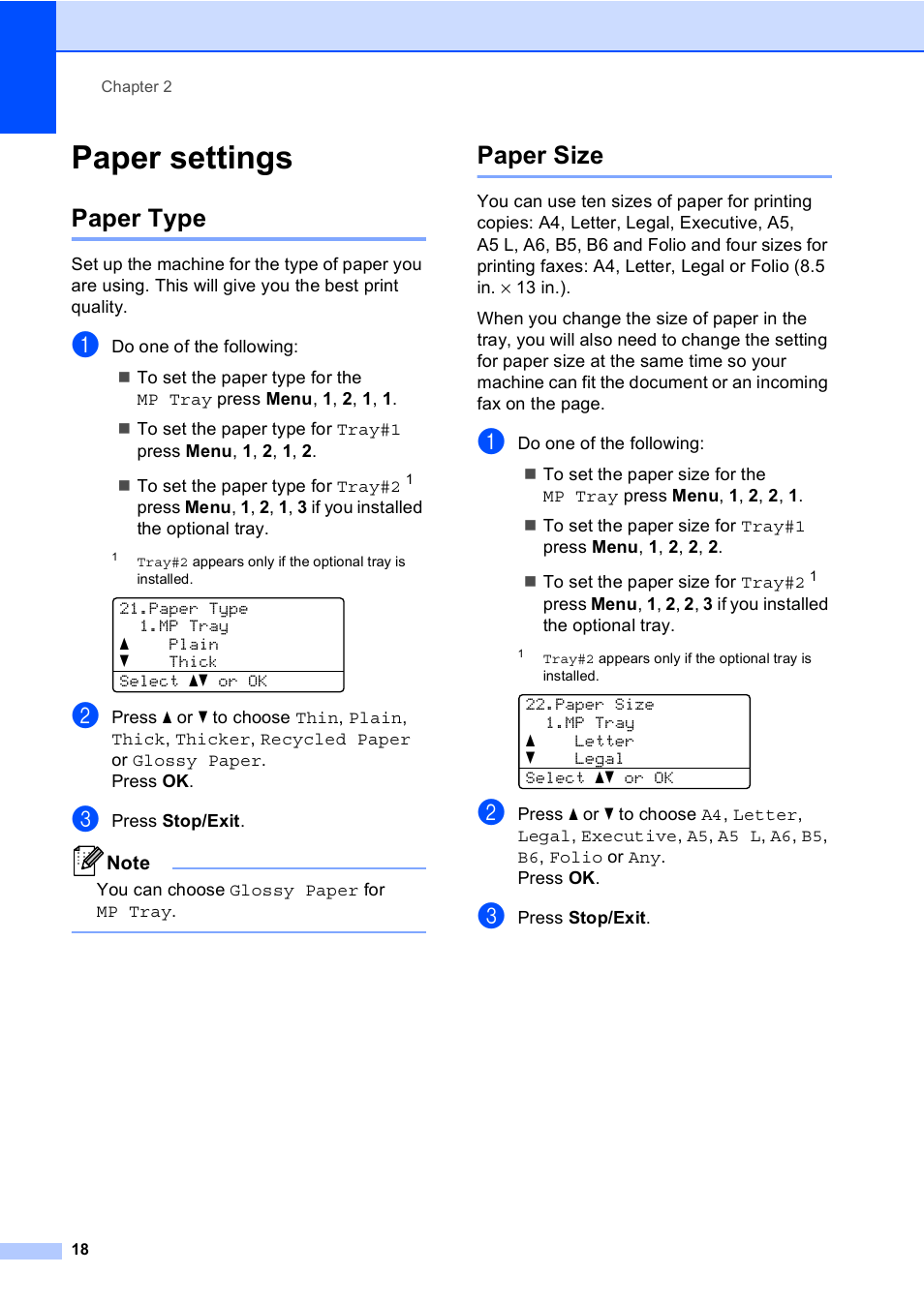 Paper settings, Paper type, Paper size | Paper type paper size | Brother MFC 9560CDW User Manual | Page 34 / 199