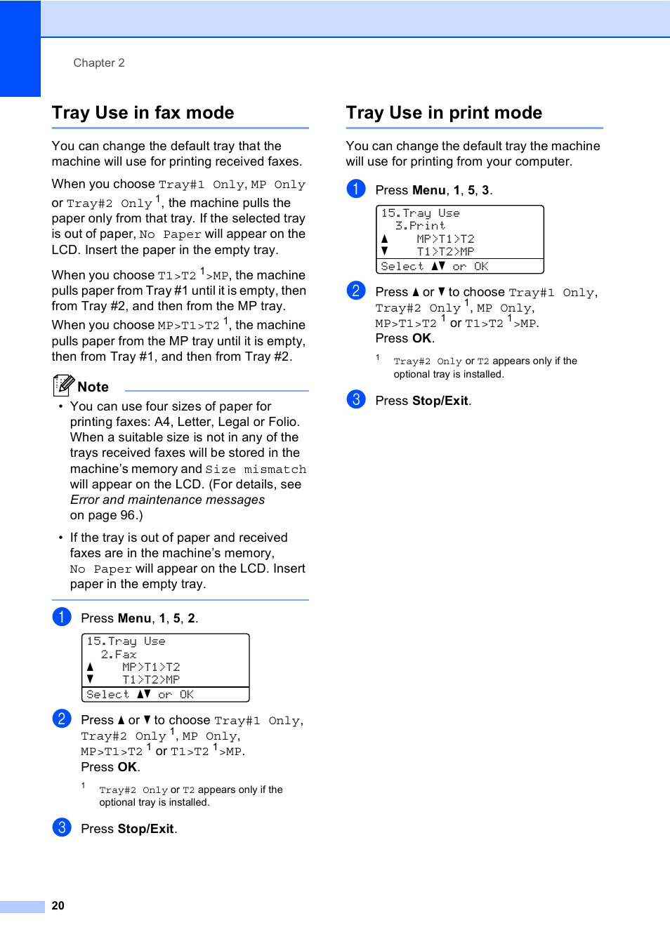 Tray use in fax mode, Tray use in print mode, Tray use in fax mode tray use in print mode | Brother MFC 9560CDW User Manual | Page 36 / 199