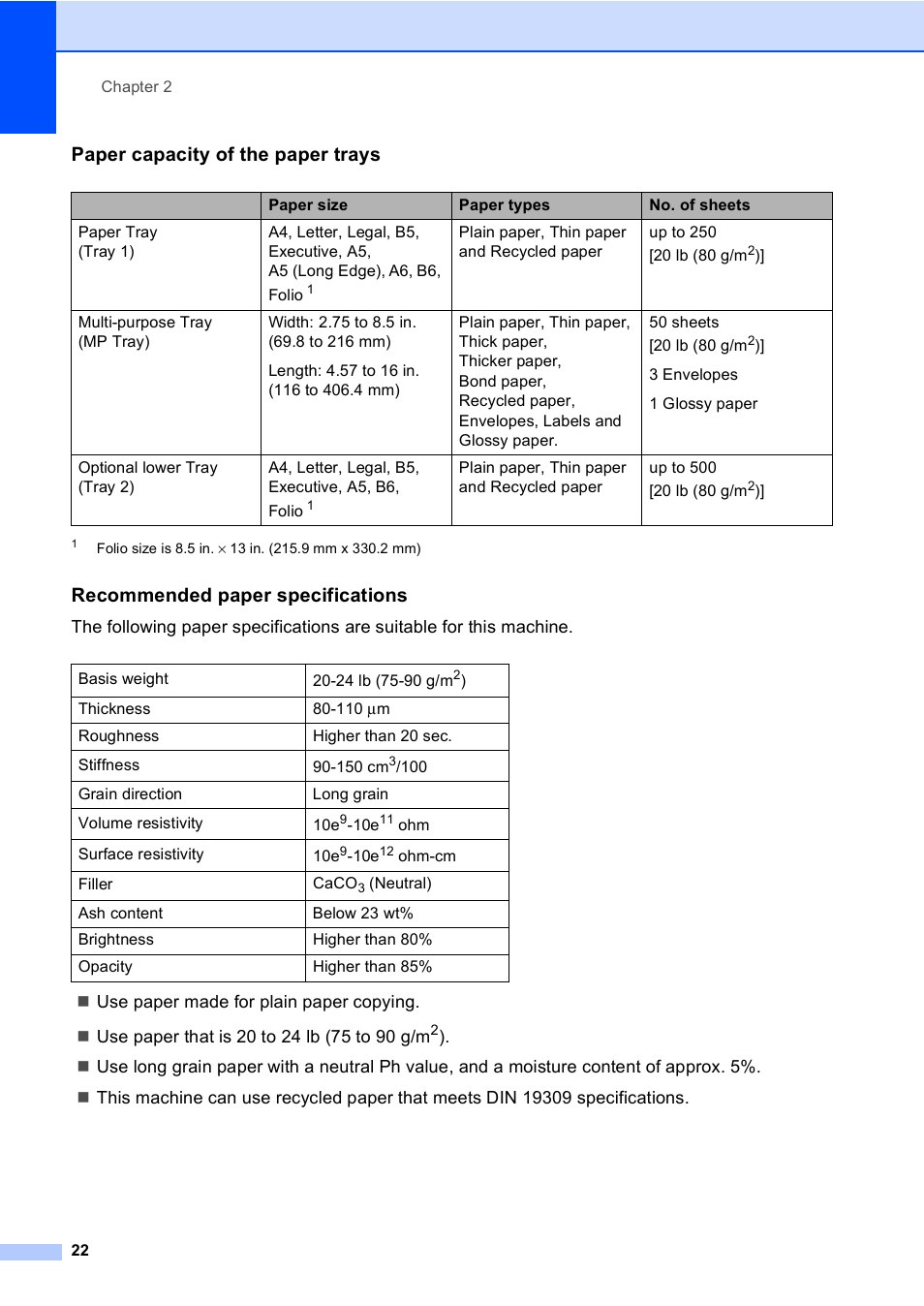 Paper capacity of the paper trays, Recommended paper specifications | Brother MFC 9560CDW User Manual | Page 38 / 199