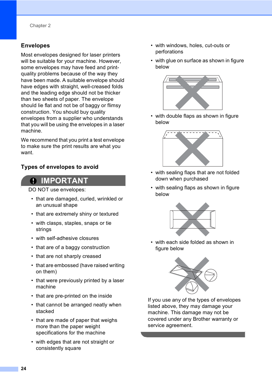 Envelopes, Types of envelopes to avoid, Important | Brother MFC 9560CDW User Manual | Page 40 / 199