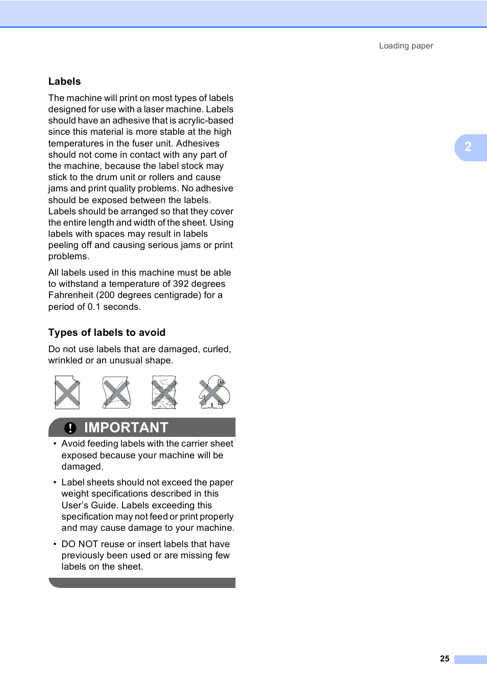 Labels, Types of labels to avoid, Important | Brother MFC 9560CDW User Manual | Page 41 / 199