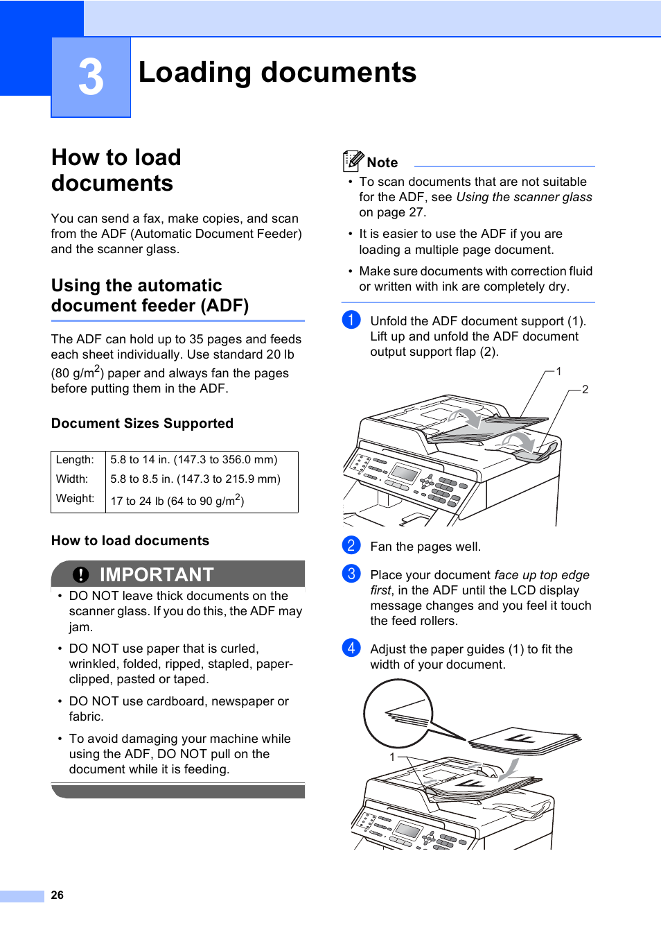 3 loading documents, How to load documents, Using the automatic document feeder (adf) | Document sizes supported, Loading documents, Important | Brother MFC 9560CDW User Manual | Page 42 / 199