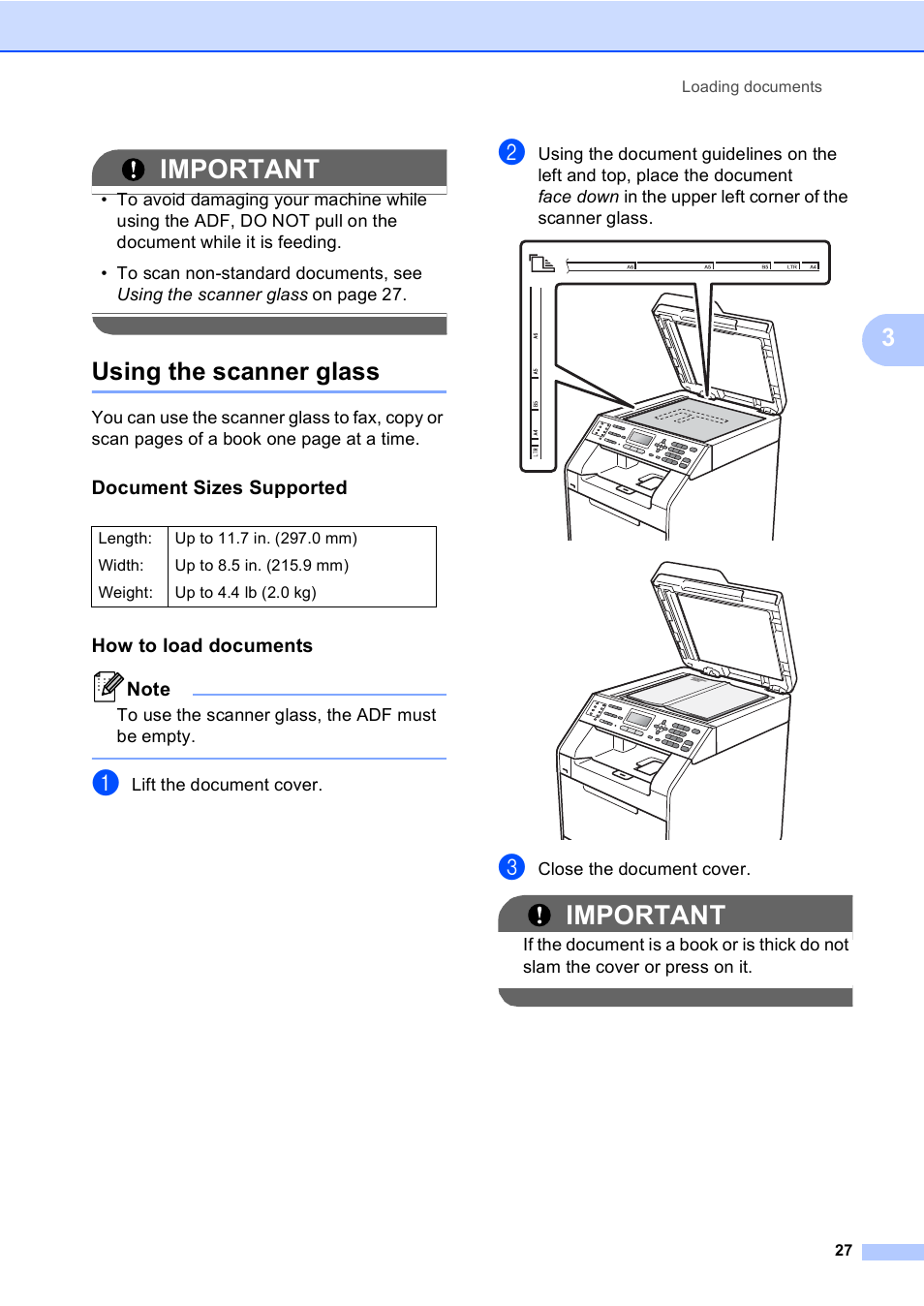 Using the scanner glass, Document sizes supported, How to load documents | Important | Brother MFC 9560CDW User Manual | Page 43 / 199