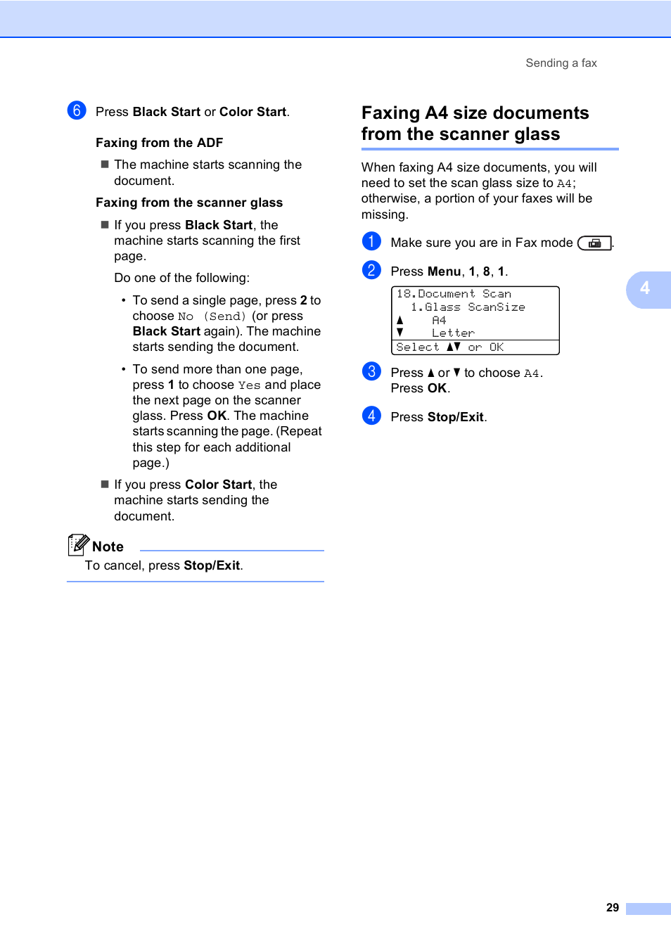 Faxing a4 size documents from the scanner glass | Brother MFC 9560CDW User Manual | Page 45 / 199