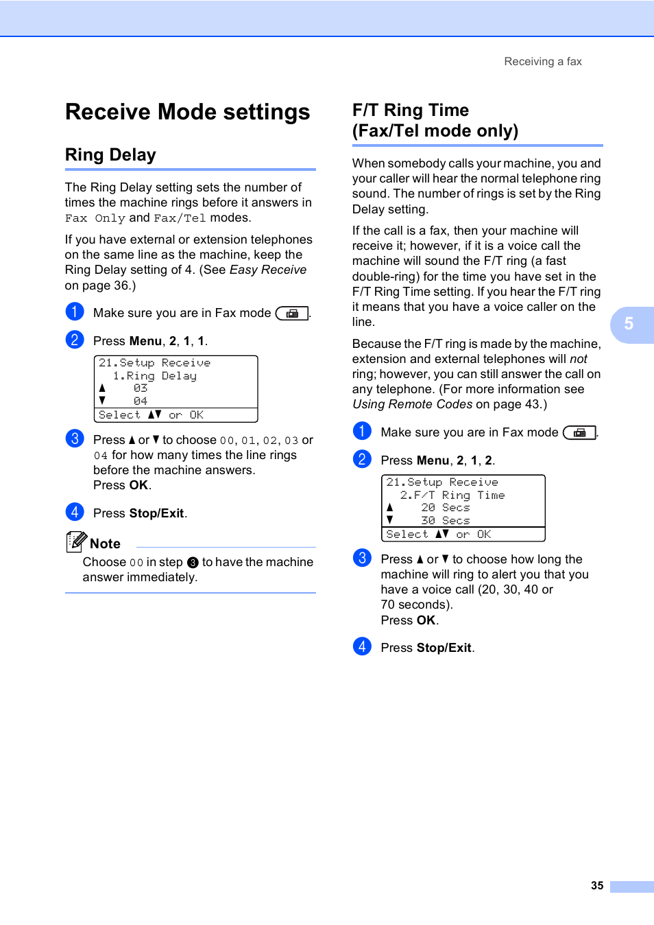 Receive mode settings, Ring delay, F/t ring time (fax/tel mode only) | Ring delay f/t ring time (fax/tel mode only) | Brother MFC 9560CDW User Manual | Page 51 / 199