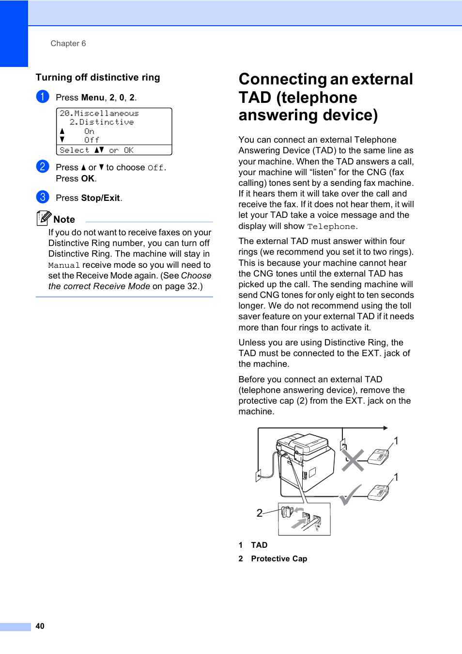 Turning off distinctive ring | Brother MFC 9560CDW User Manual | Page 56 / 199