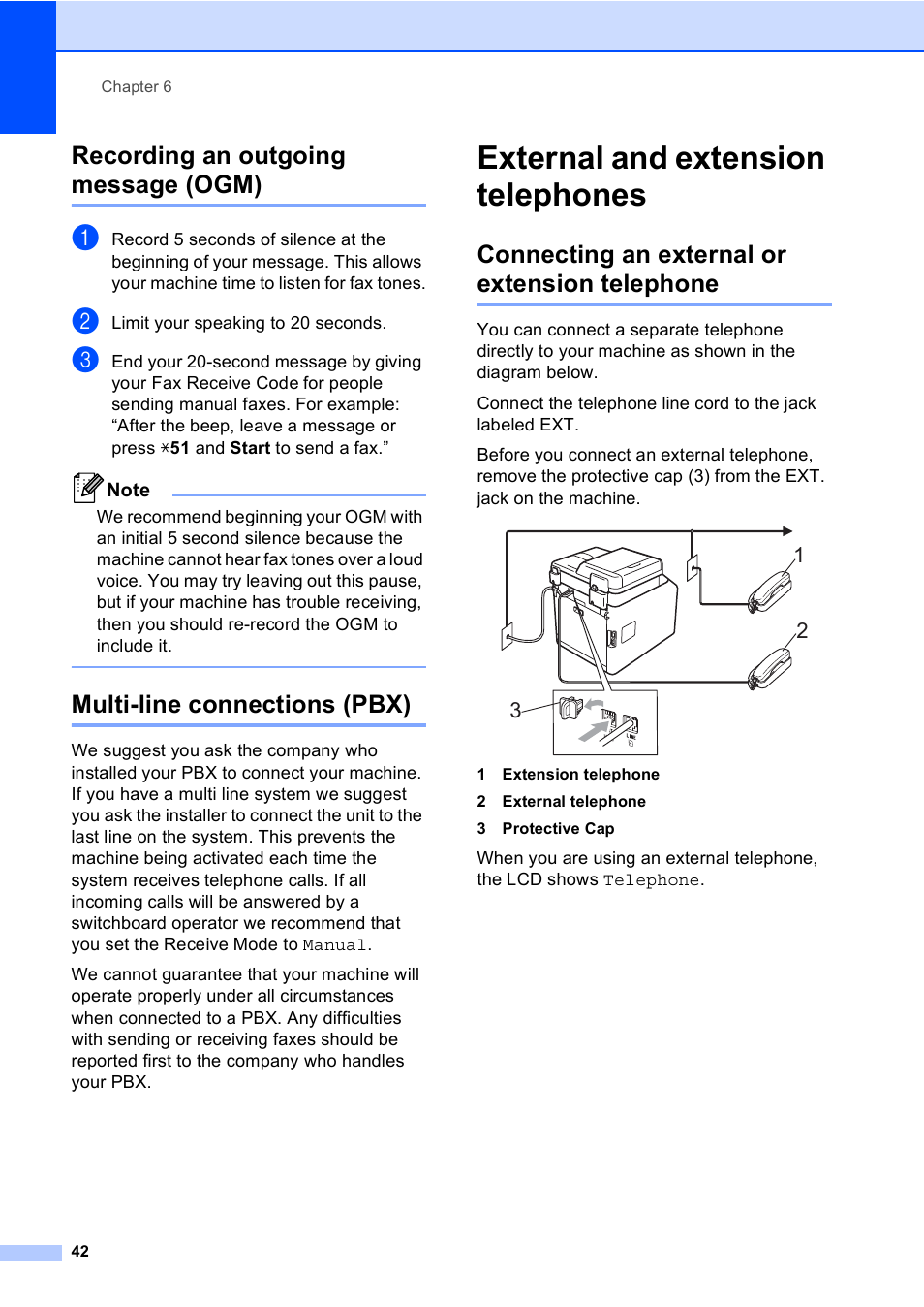Recording an outgoing message (ogm), Multi-line connections (pbx), External and extension telephones | Connecting an external or extension telephone | Brother MFC 9560CDW User Manual | Page 58 / 199