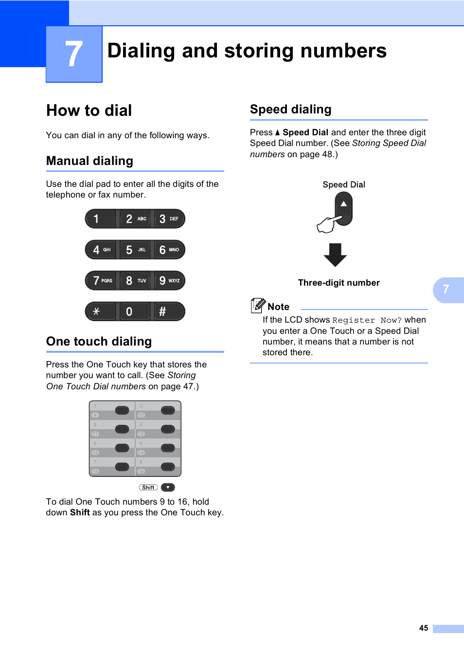 7 dialing and storing numbers, How to dial, Manual dialing | One touch dialing, Speed dialing, Dialing and storing numbers, Manual dialing one touch dialing speed dialing | Brother MFC 9560CDW User Manual | Page 61 / 199