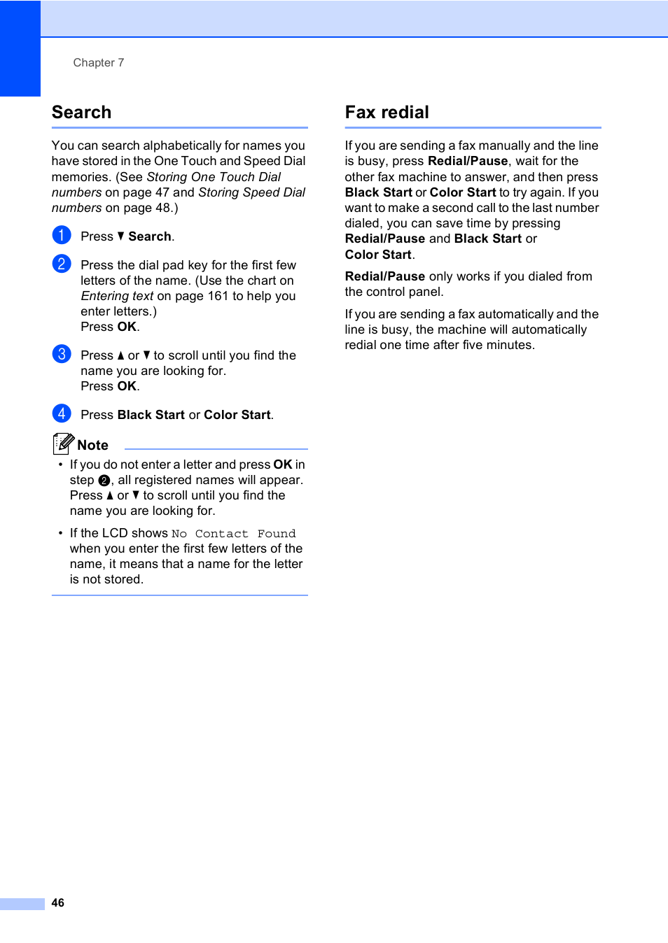 Search, Fax redial, Search fax redial | Brother MFC 9560CDW User Manual | Page 62 / 199