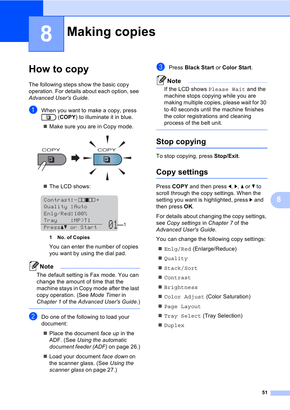 8 making copies, How to copy, Stop copying | Copy settings, Making copies, Stop copying copy settings | Brother MFC 9560CDW User Manual | Page 67 / 199
