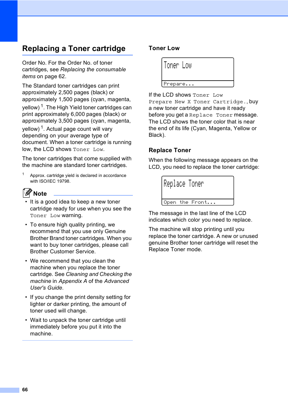 Replacing a toner cartridge, Toner low, Replace toner | Brother MFC 9560CDW User Manual | Page 82 / 199