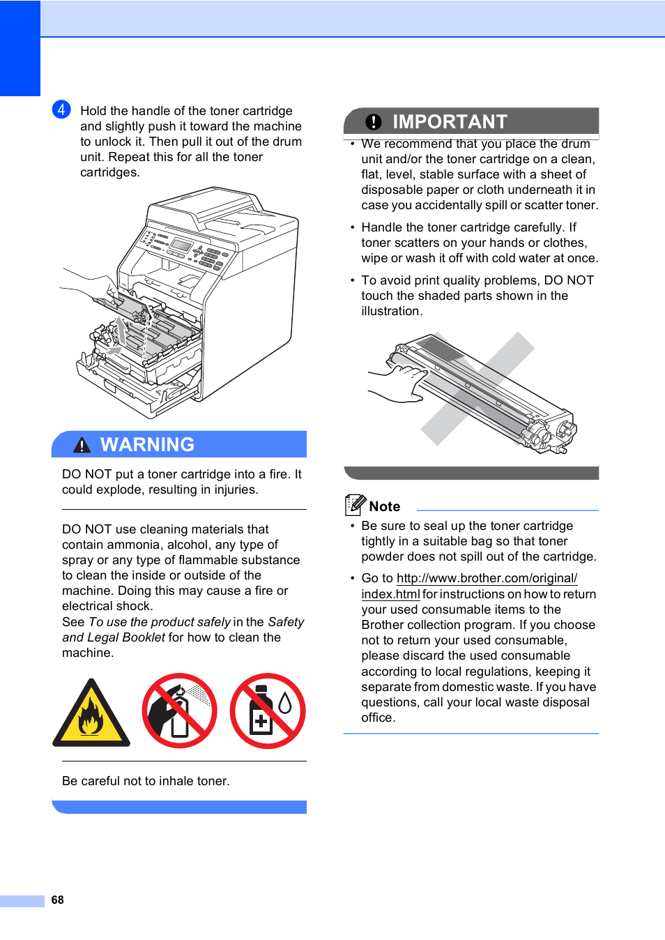 Warning, Important, Be careful not to inhale toner | Brother MFC 9560CDW User Manual | Page 84 / 199