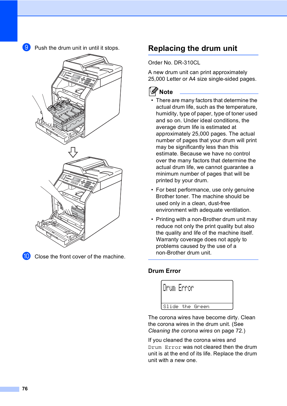 Replacing the drum unit, Drum error | Brother MFC 9560CDW User Manual | Page 92 / 199