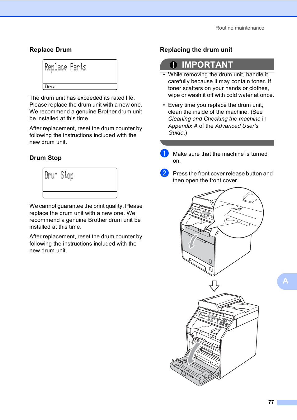 Replace drum, Drum stop, Replacing the drum unit | Replace parts, Important | Brother MFC 9560CDW User Manual | Page 93 / 199