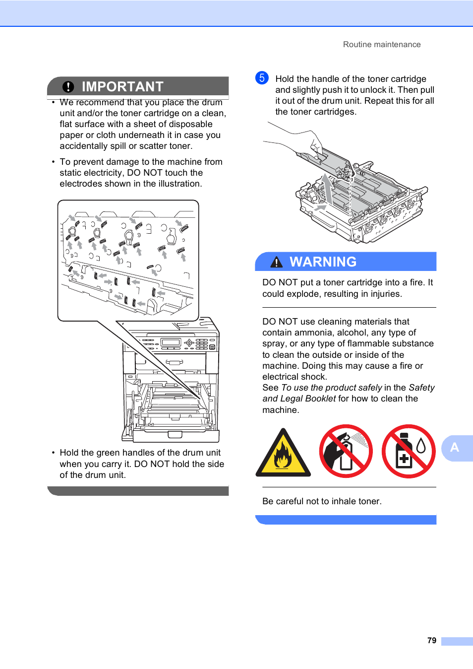 Important, Warning, Be careful not to inhale toner | Brother MFC 9560CDW User Manual | Page 95 / 199