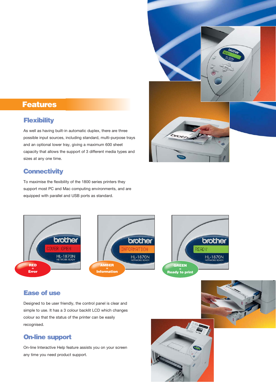 Features, Flexibility, Connectivity | Ease of use, On-line support | Brother 1870N User Manual | Page 3 / 6