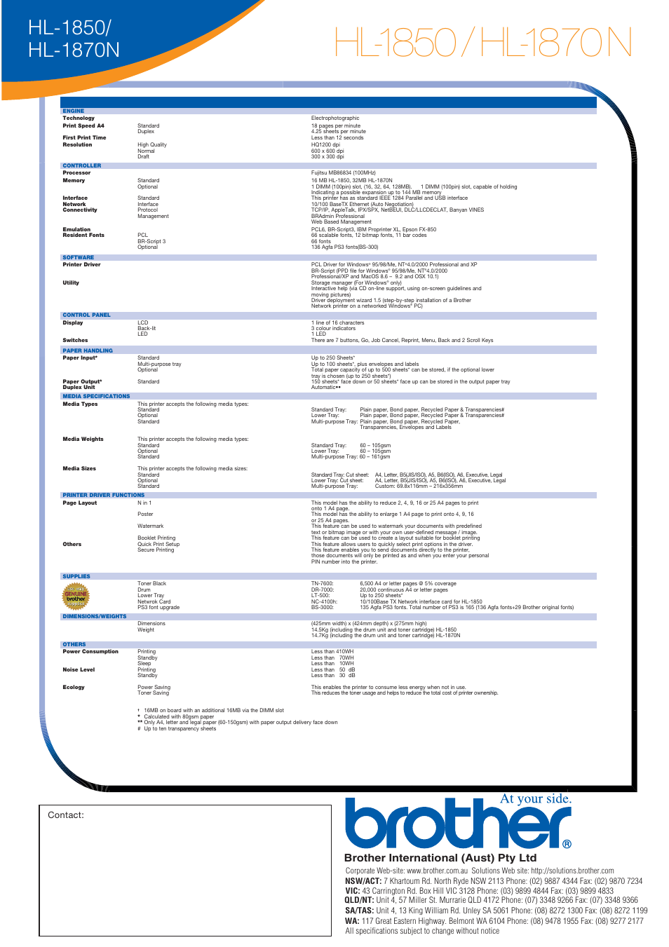 Brother international (aust) pty ltd, Contact | Brother 1870N User Manual | Page 6 / 6