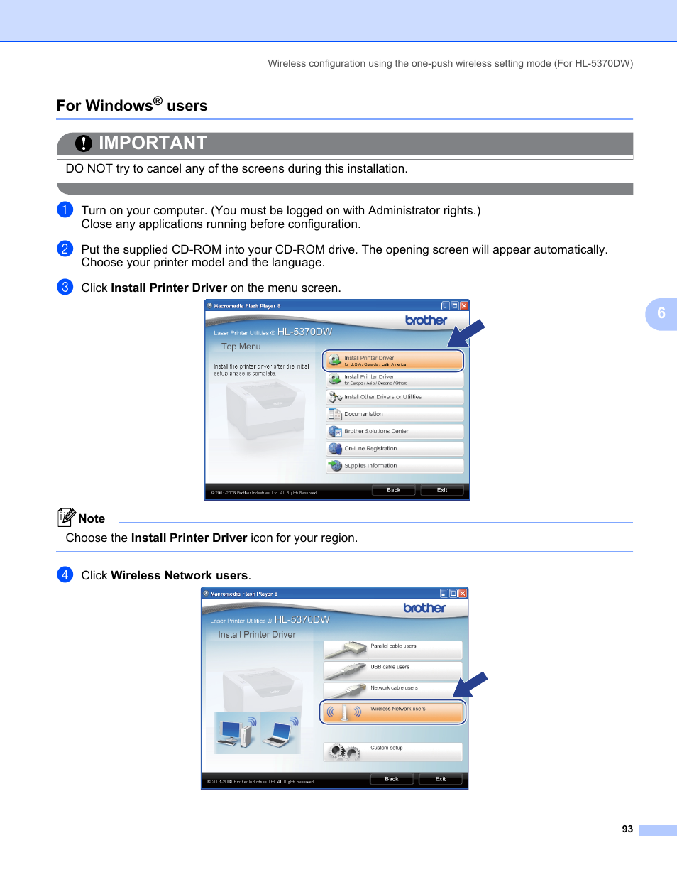 For windows® users, For windows, Users | Important, 6for windows | Brother HL 5370DW User Manual | Page 103 / 203