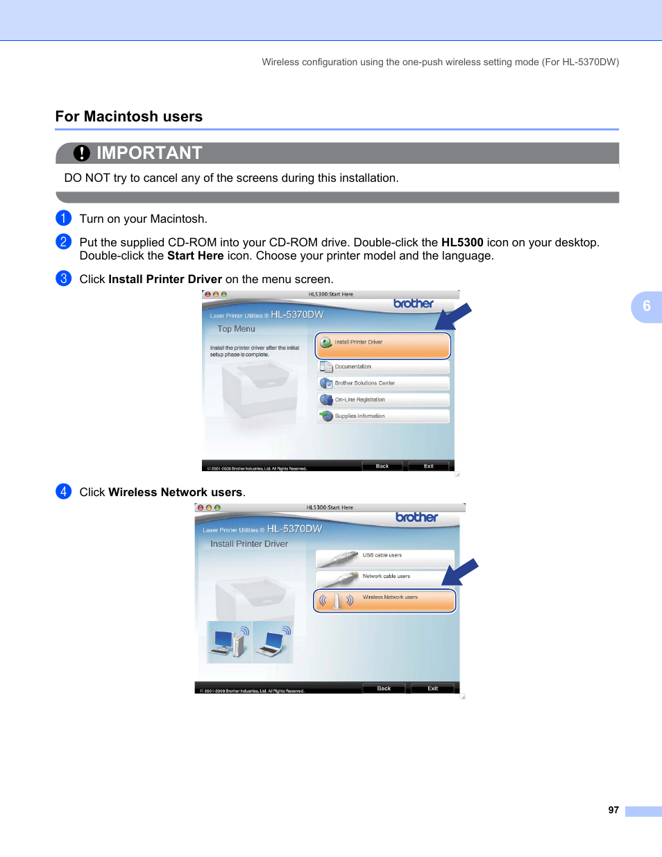 For macintosh users, Important, 6for macintosh users | Brother HL 5370DW User Manual | Page 107 / 203