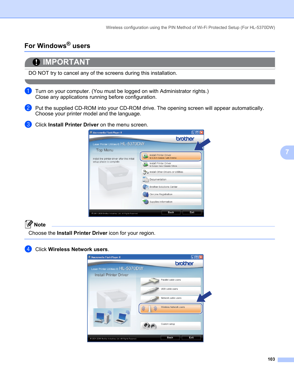 For windows® users, For windows, Users | Important, 7for windows | Brother HL 5370DW User Manual | Page 113 / 203